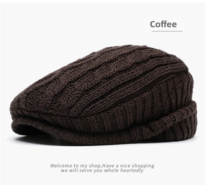 Detail of coffee brown knit ivy cap with retro cable-knit texture and soft warm lining