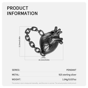 925 Sterling Silver Anatomical Heart Pendant with black gold finish dimensions 12.3x16.1mm