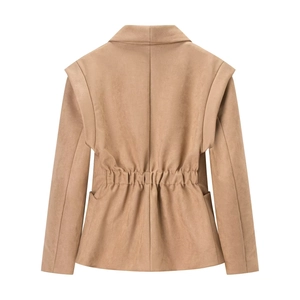 Back view of khaki faux suede jacket showing waist-cinching detail and soft texture