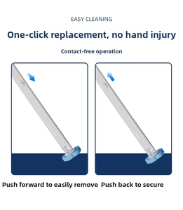 Detail showing the one-button replacement mechanism for disposable toilet brush head