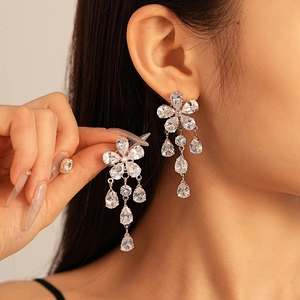 Sparkling zircon flower tassel drop necklace for women with silver metal finish