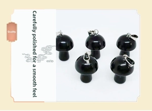Macro detail of five black polished natural stone mushroom pendants with silver clasps