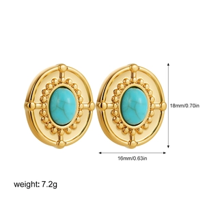 Detailed view showing dimensions and weight of vintage gold oval turquoise earrings