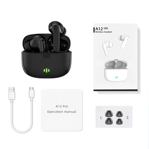 Macro detail of A12 Pro TWS earbuds with charging case, USB-C cable and spare ear tips