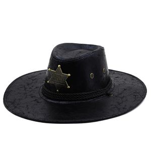 Schwarzer Cowboy-Sheriffhut aus PU-Leder mit goldenem Sternenabzeichen und breiter Krempe