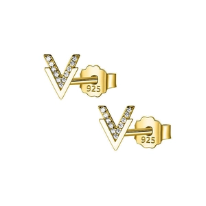 Elegant gold S925 silver geometric triangle stud earrings with shimmering zircons