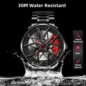 Detail of 3D wheel hub watch dial with red brake caliper and water splash effect