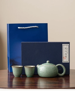 Exquisite Longquan celadon tea set with ice crackle glaze in a premium navy gift box