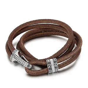 Men Wrap Bracelet Stainless Steel Genuine Leather Multi Layer Woven Rope Retro Punk Wristband Geometric Carved Clasp