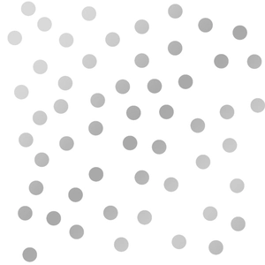 Detail view of various sizes of grey polka dot wall stickers on a white background