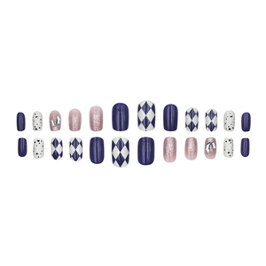 Luxe purple argyle press-on nails with glitter gradients and geometric rhinestone accents