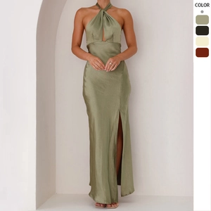 Halter Neck Backless Satin Maxi Dress High Side Slit Keyhole Twist Sexy Elegant Slim Fit Satin Like Evening Party