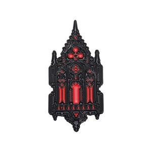 Gothic cathedral architectural enamel brooch in black metal and high-saturation red