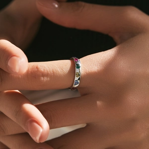 S925 sterling silver ring featuring five colorful heart-shaped zircon stones on finger