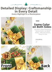 Close-up of double-sided Christmas tree gift box window decal with vibrant colors