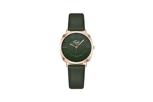 Close-up of green leather strap and rose gold square quartz watch for women