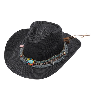 Western black straw cowboy hat with colorful beads, turquoise accents and bohemian trim