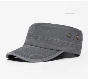 Close-up of grey washed cotton cadet cap showing metal eyelets and stitching details