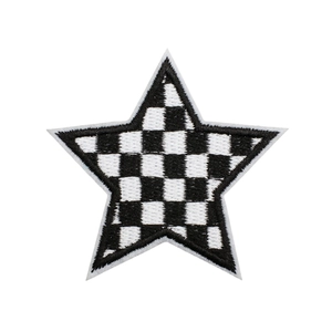 Star shaped embroidery patch with black and white checkered pattern on white background