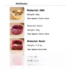 Detailed view of geometric resin and ABS bangles with marble texture and product weights