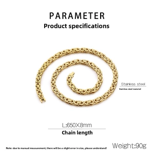 Detailed view of 8mm gold Byzantine stainless steel chain with size and weight metrics