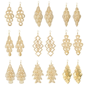 Detailed grid view showing nine styles of vintage gold earrings with geometric leaf designs