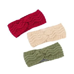 Three-piece set of twisted knit headbands in red, beige, and green with warm fleece lining