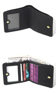 Detail view of leather wallet interior with RFID card slots and cash compartment