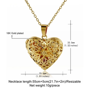 Dimensiones detalladas del collar con colgante de corazón bañado en oro de 18 quilates