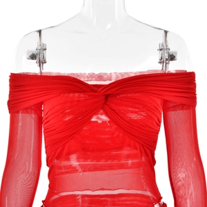 Front close-up of red off-shoulder long sleeve top with mesh pleated design details
