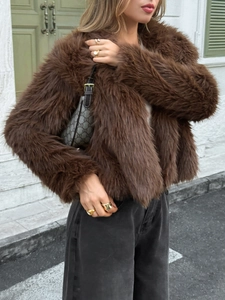 Women's fuzzy brown faux fur coat with long sleeves for winter casual fashion style