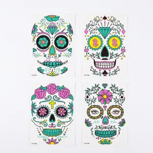 Luminous Day of the Dead face tattoo stickers with sugar skull and floral patterns