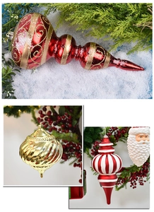 Detailed view of red and gold Christmas ornaments with glitter and painted patterns