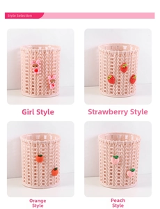 Pink hollow woven pencil holder set with cute girl, strawberry, orange, and peach themes
