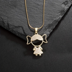 Cartoon Boy Girl Pendant Necklace Gold Plated Copper Inlaid Cubic Zirconia Snake Chain Cute Jewelry For Children