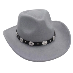 Close-up of gray wool felt cowboy hat with black leather band and silver metal studs