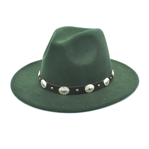 Detail of dark green wool fedora hat featuring a black leather band with silver metal buckles