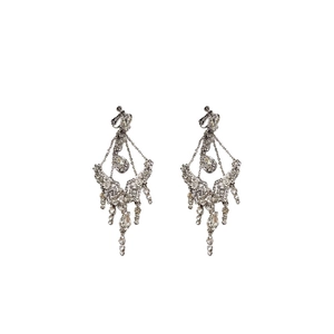 Silver flower drop earrings with sparkling cubic zirconia and long tassel chandelier style