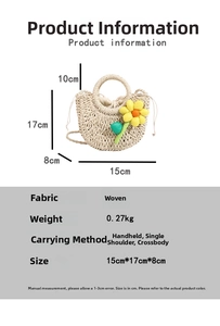 Detailansicht der gewebten Strohtasche mit Sonnenblume und Maßangaben in der Grafik