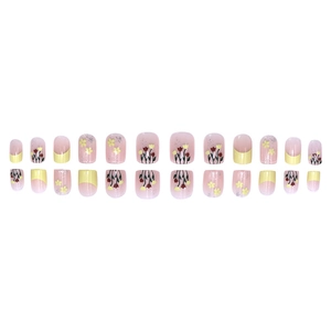 French glitter tulip press-on nails with pink base and floral hand-painted designs