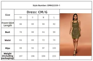 Size chart for backless gold floral halter dress with XS to L dimensions in centimeters