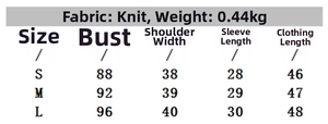 Size chart for casual knitted short sleeve top showing chest and length measurements