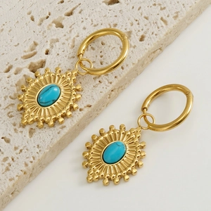 Boucles D'oreilles Créoles Bohèmes Tournesol Acier Inoxydable Turquoise Bleue Bijoux Vintage Pour Femmes