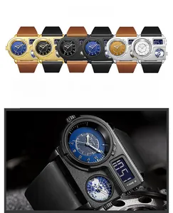 Detail view of Oulm sports watch featuring dual movement, LCD display and world map dial