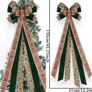 Large Merry Christmas tree topper bow with green velvet and star ribbons, 110cm height