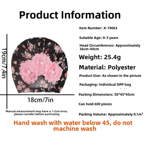 Infant turban hat feature chart with pink mesh flowers and size specifications