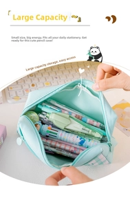 Macro view of large capacity mint green canvas pencil case with checkerboard pattern detail