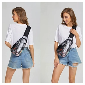 Detail view of clear PVC crossbody bag with adjustable strap for stadium security