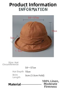 Detail view of brown linen sun hat featuring dimensions and premium fabric specifications