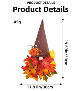 Detail view of gnome harvest wreath with autumn maple leaves and floral pointed hat